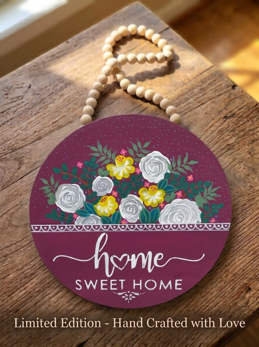 Home Sweet Home Rose Bouquet Sign, 15" Hand-Painted Wooden Door Hanger (Burgundy)