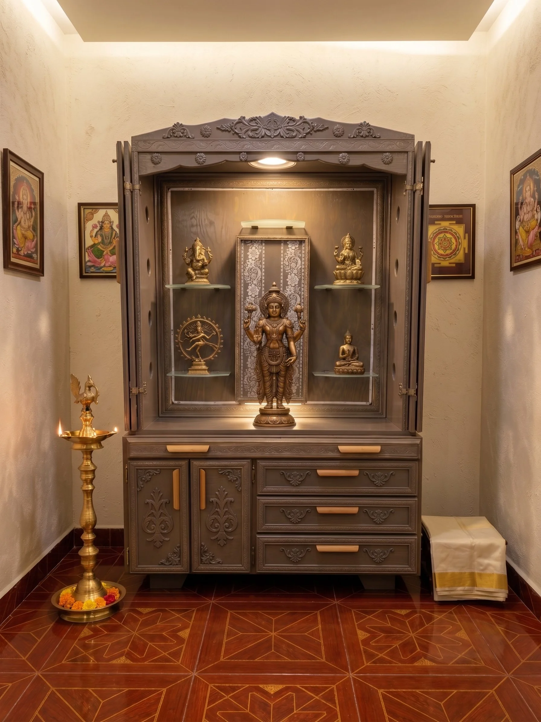 Extra Large Oak Wooden Temple with Bi-Fold Doors and Glass Shelves (Model TMPCL441472)
