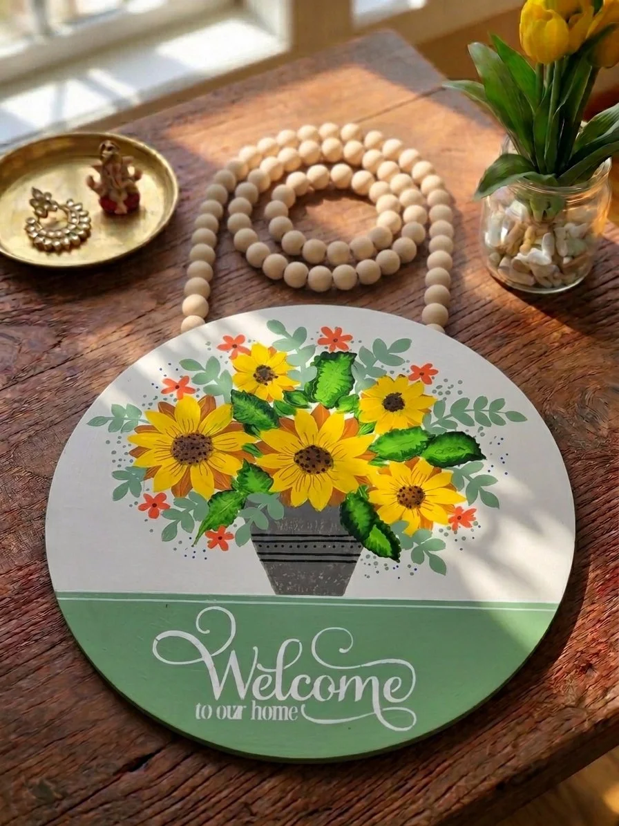 Welcome to Our Home Sunflower Sign, 15" Hand-Painted Wooden Door Hanger (White & Sage)