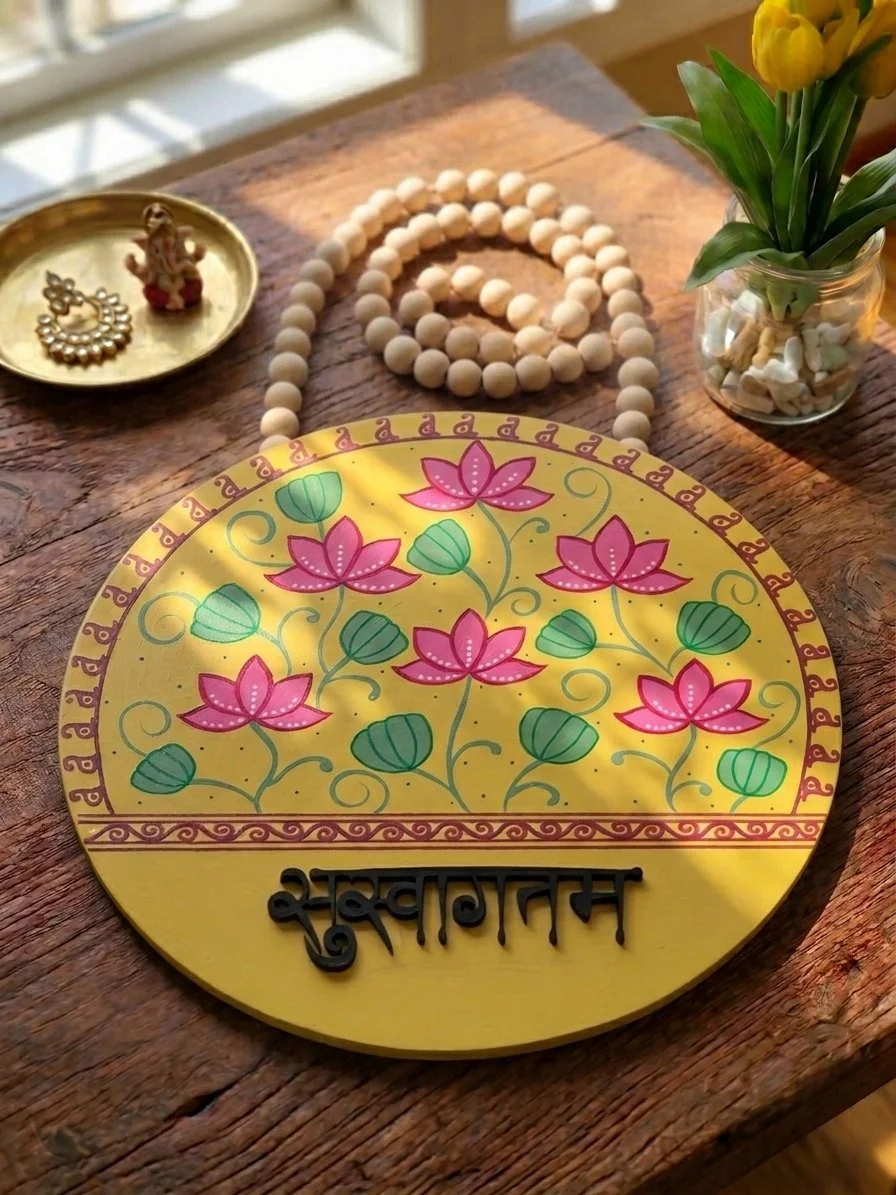Suswagatam Lotus Sign, 15" Hand-Painted Wooden Door Hanger (Yellow)