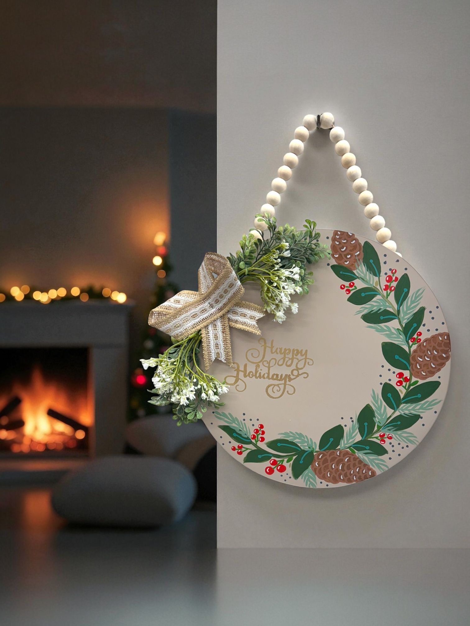 Happy Holidays Pinecone Wreath Sign, 15" Hand-Painted Wooden Door Hanger (Cream & Burlap Bow)