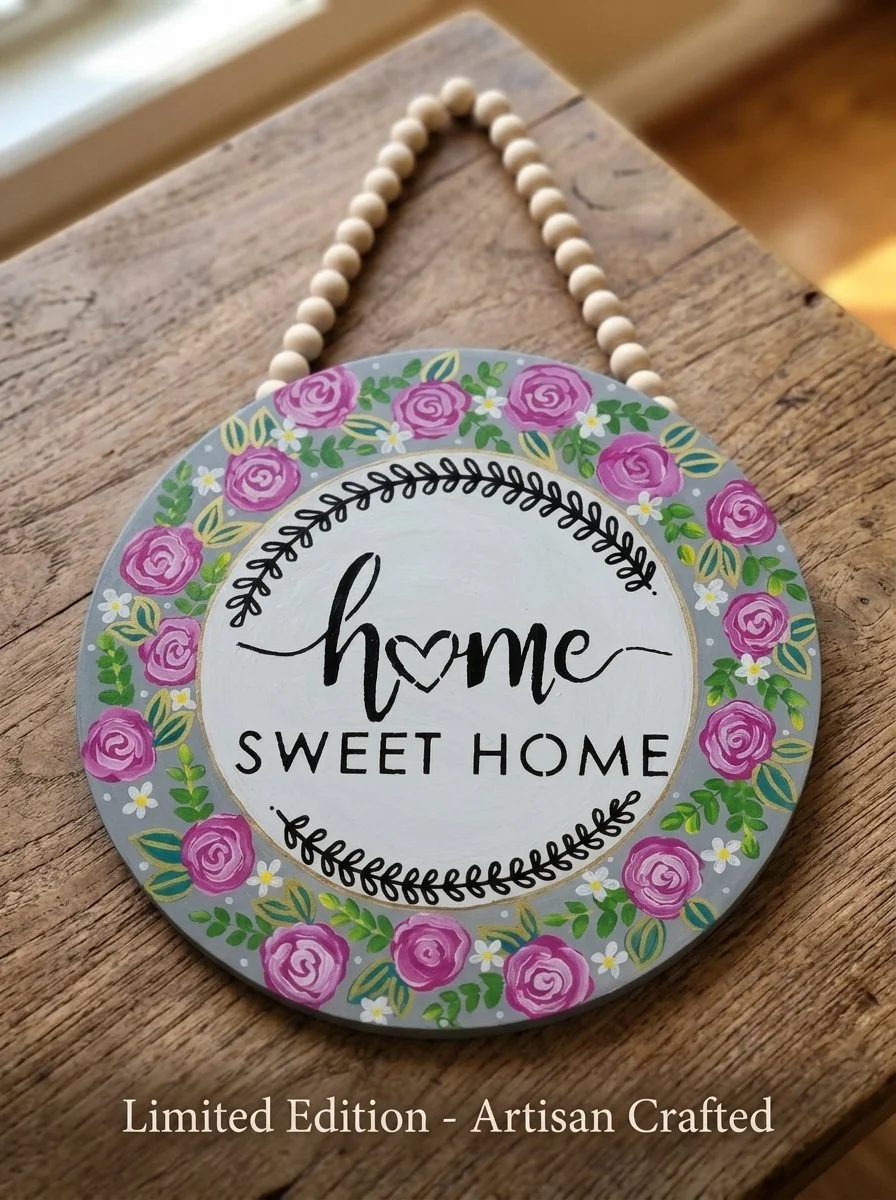 Home Sweet Home Floral Wreath Sign, 15" Hand-Painted Wooden Door Hanger (Pink & Gray)