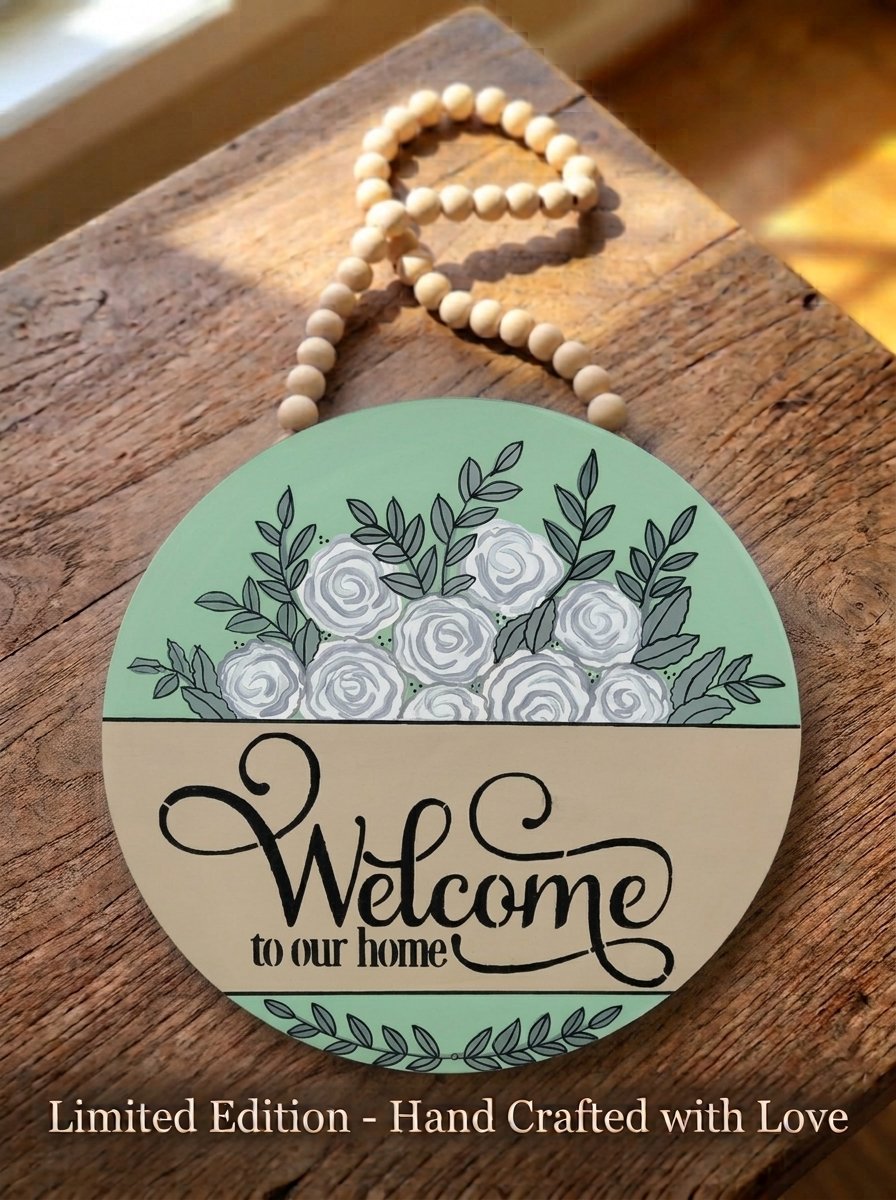 Welcome to Our Home White Rose Sign, 15" Hand-Painted Wooden Door Hanger (Sage Green)