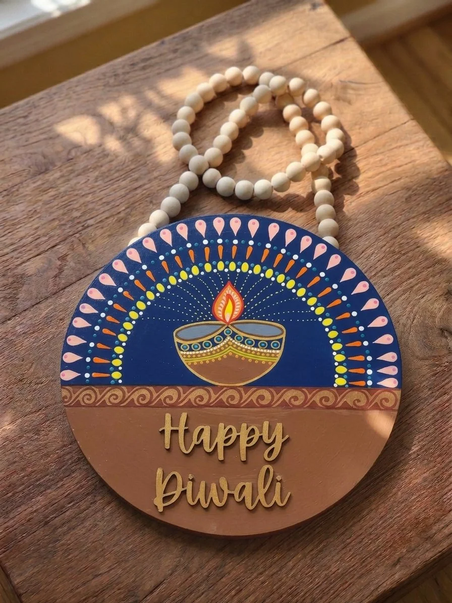 Happy Diwali Diya Mandala Sign, 15" Hand-Painted Wooden Door Hanger (Navy & Golden)
