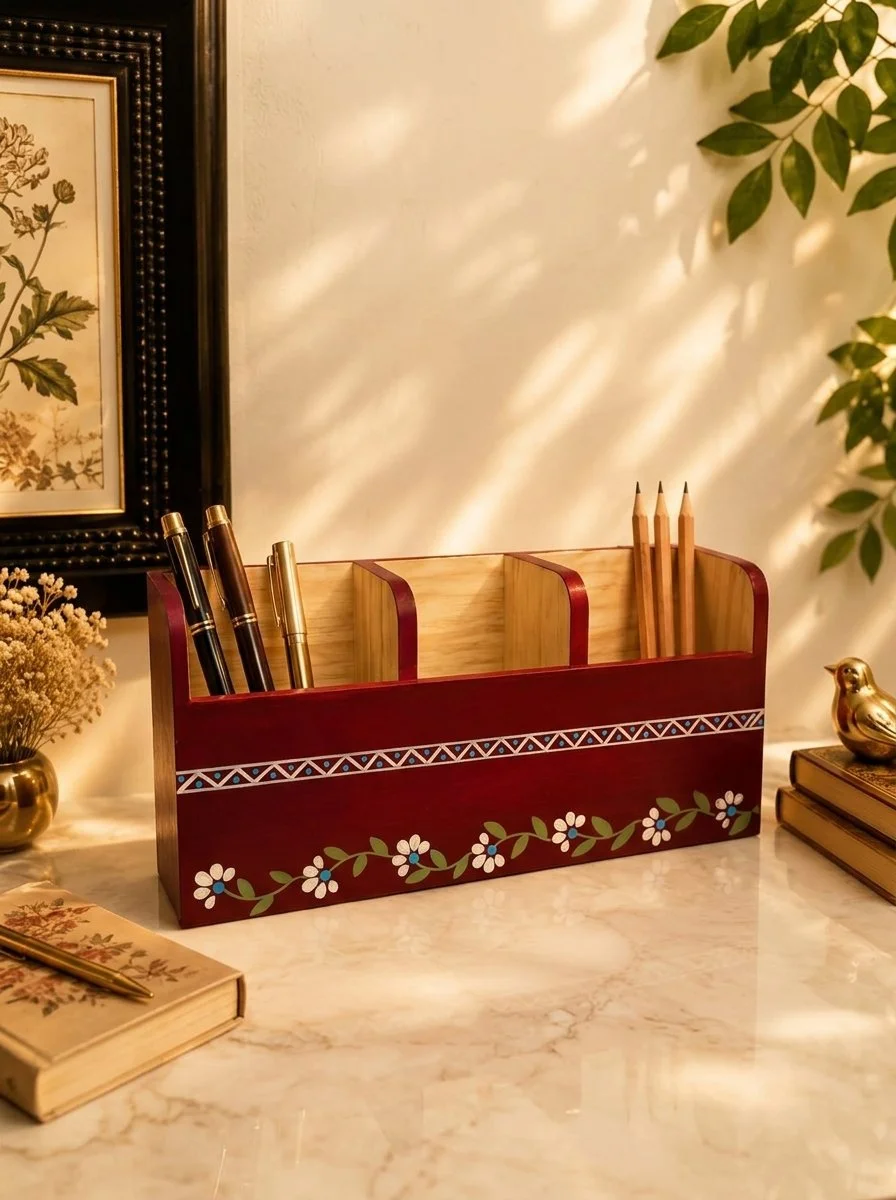 Maroon Meadow Pen & Pencil Organizer, Hand-Painted Wood Desk Caddy