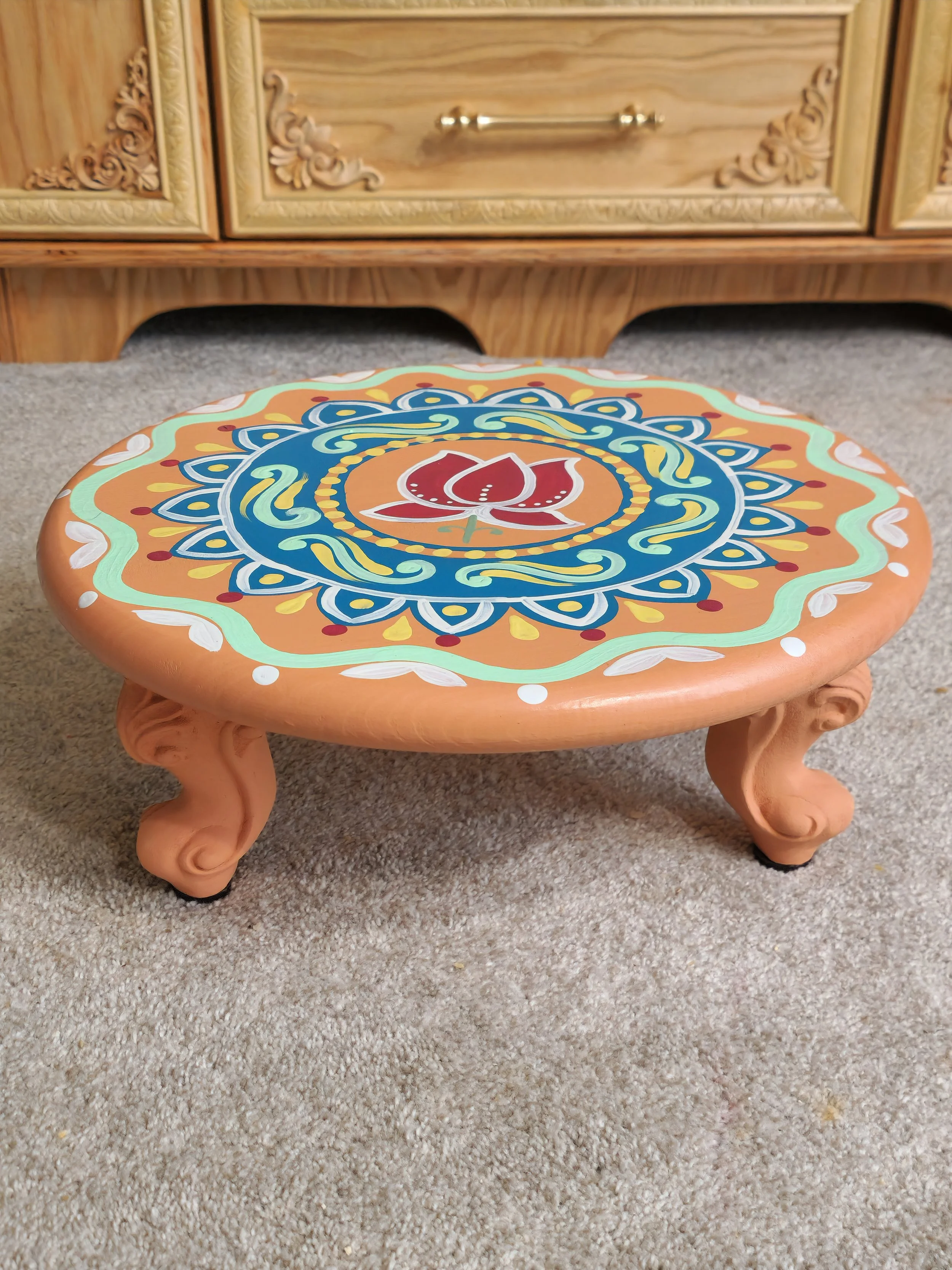 16" Handpainted Folk Bloom Stool, Pooja Room Stool