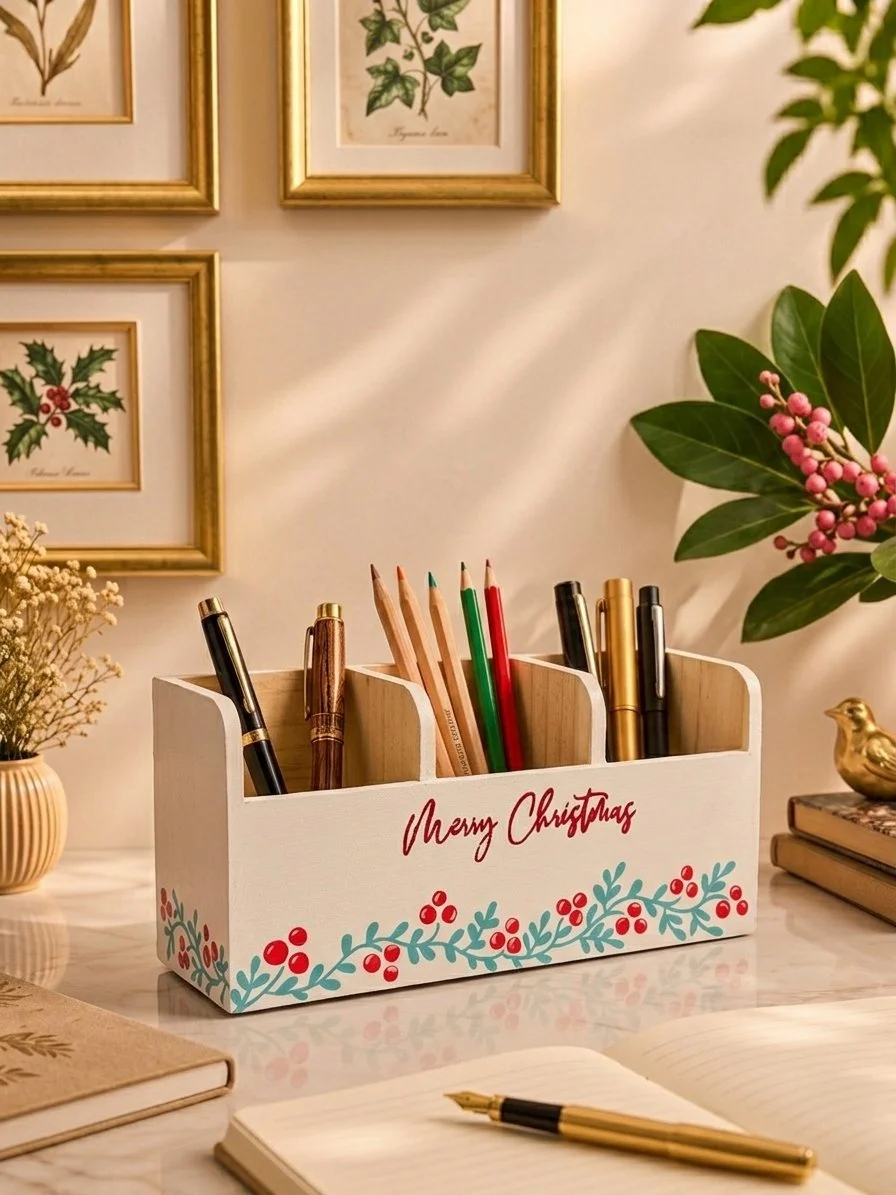 Merry Christmas Holly Berry Pen & Pencil Organizer, Hand-Painted Wood Desk Caddy