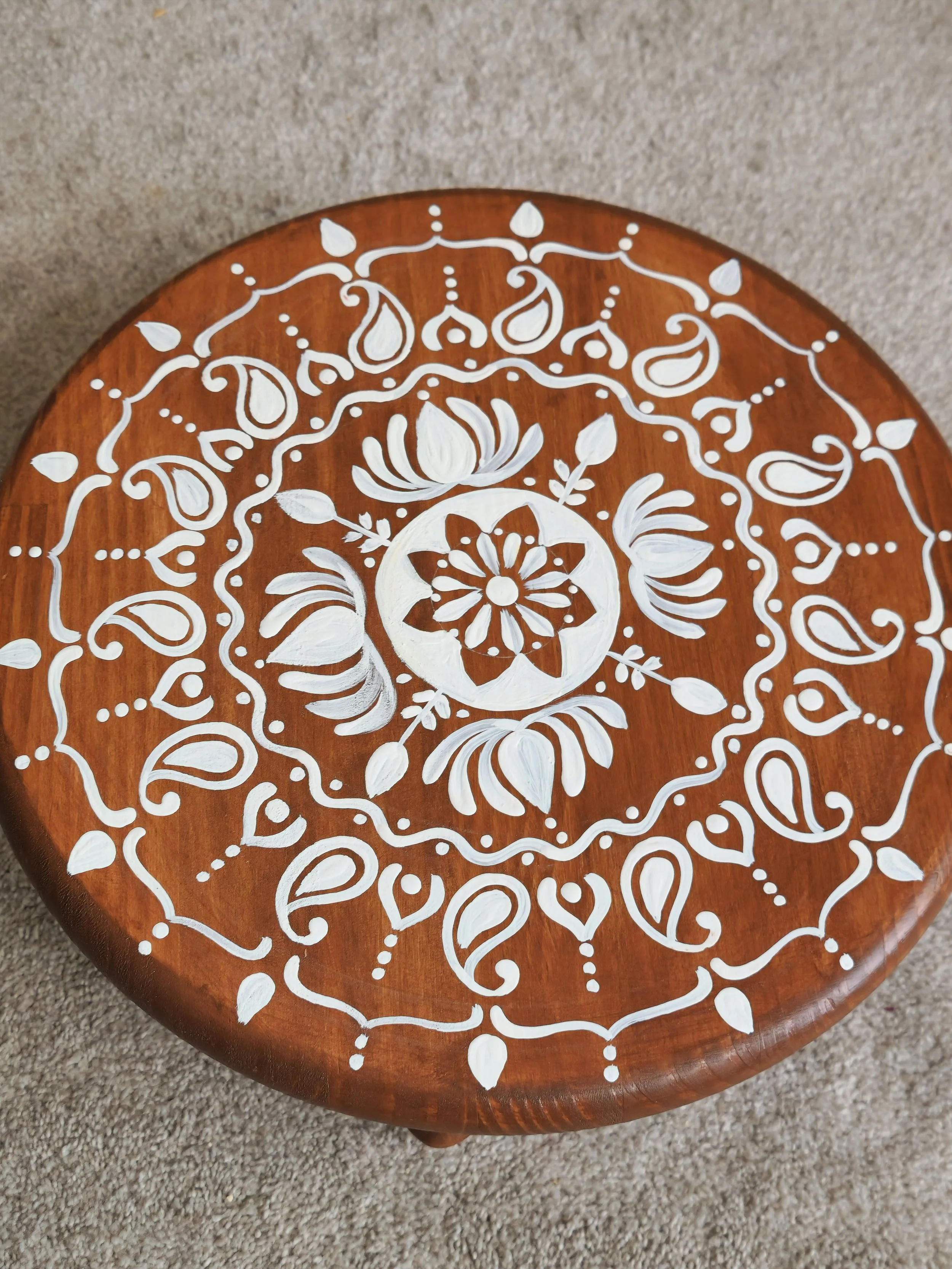 16" Handpainted Rustic Bloom Stool, Pooja Room Stool