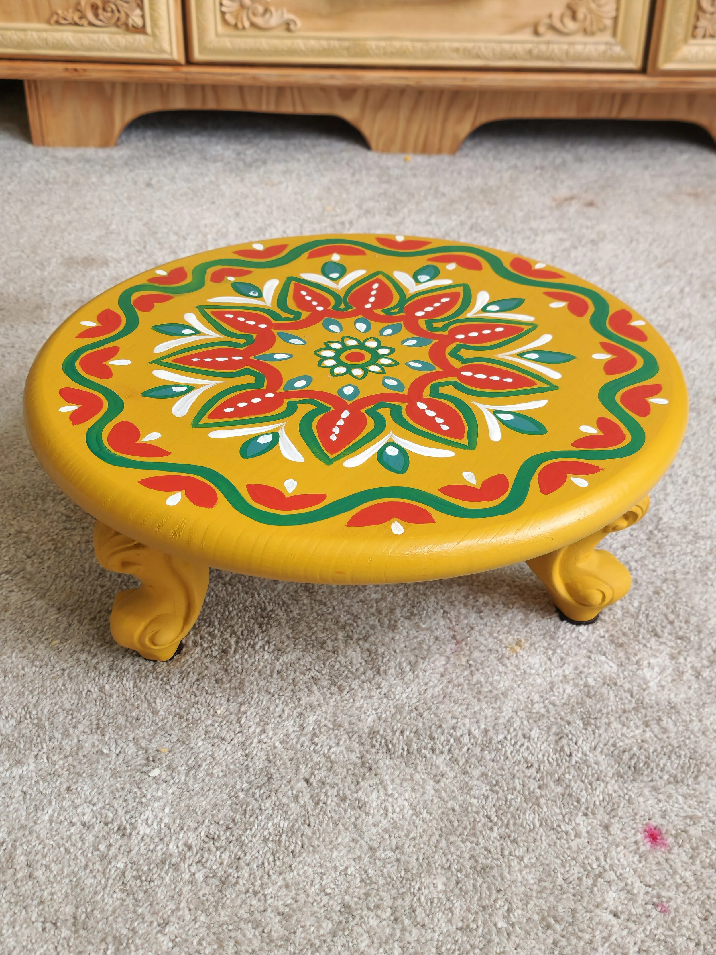 16" Handpainted Sunshine Mandala Stool, Pooja Room Stool