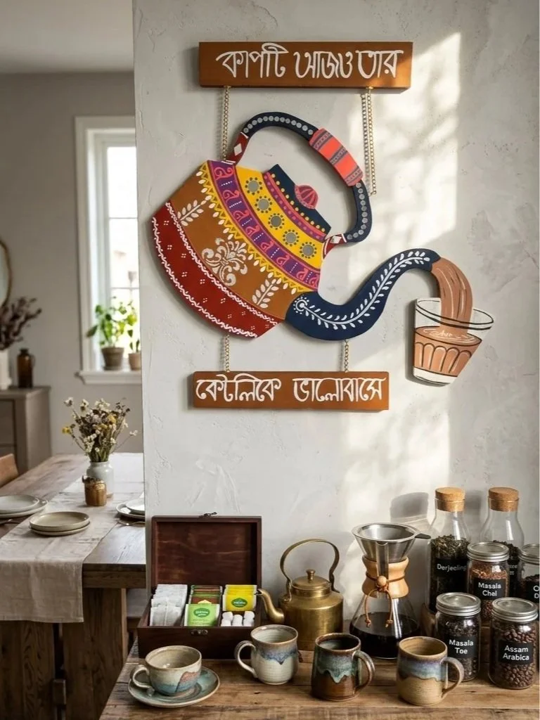 Kettle Love Teapot Wall Art, Hand-Painted Wooden Kitchen Sign (Bengali Script)