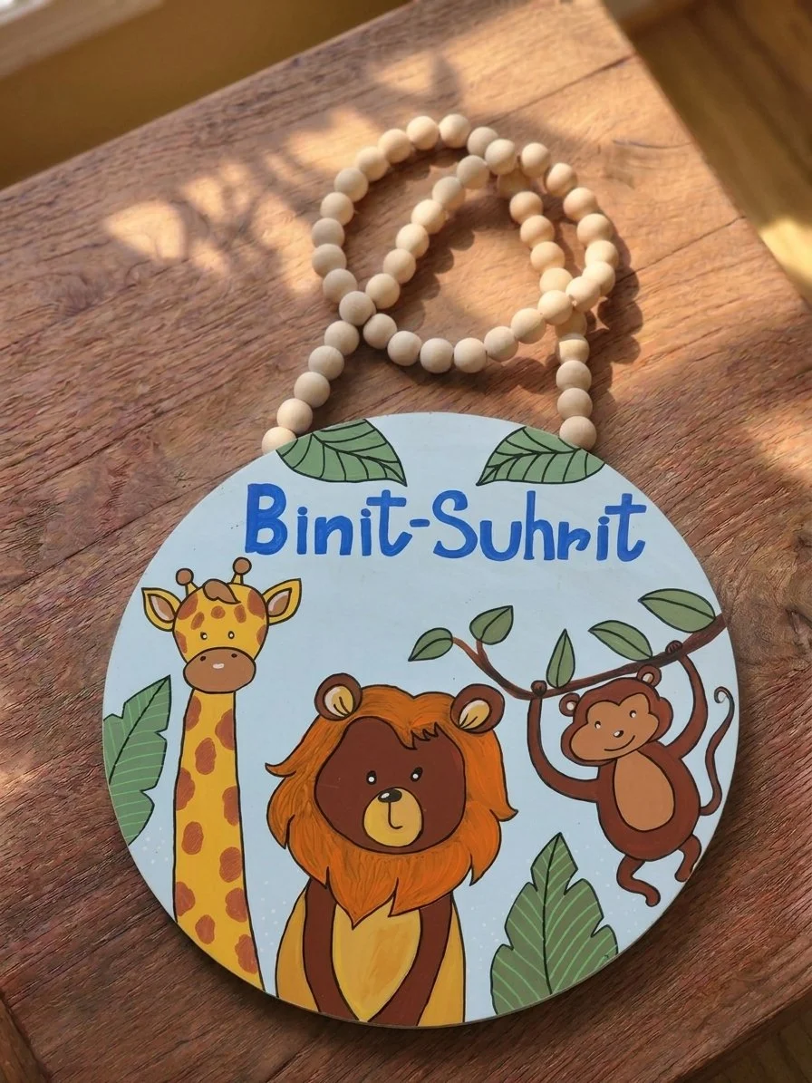 Custom Jungle Animal Name Sign, 15" Hand-Painted Wooden Kids' Door Hanger