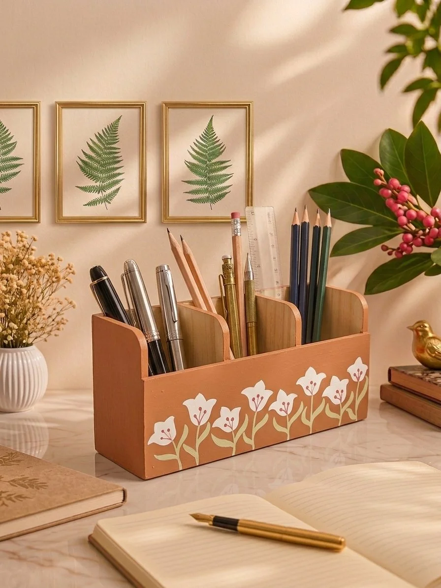 Coral Bellflower Pen & Pencil Organizer, Hand-Painted Wood Desk Caddy