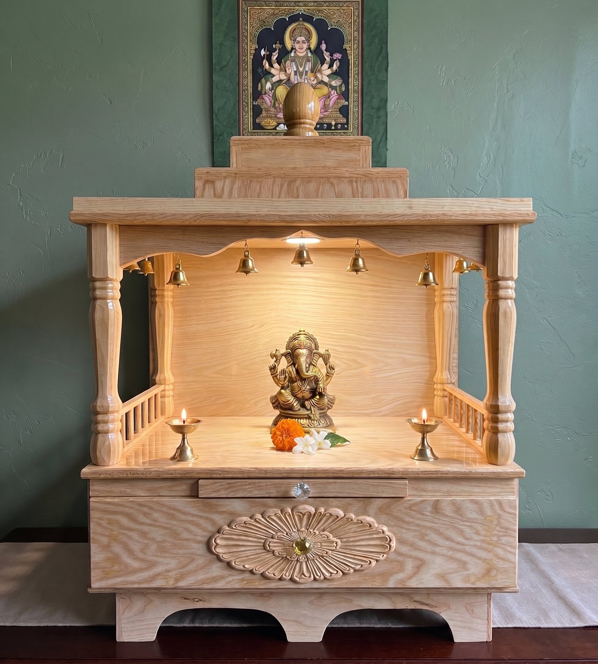 Custom Oak Wooden Temple with Gopuram (Model TMPOP193020)