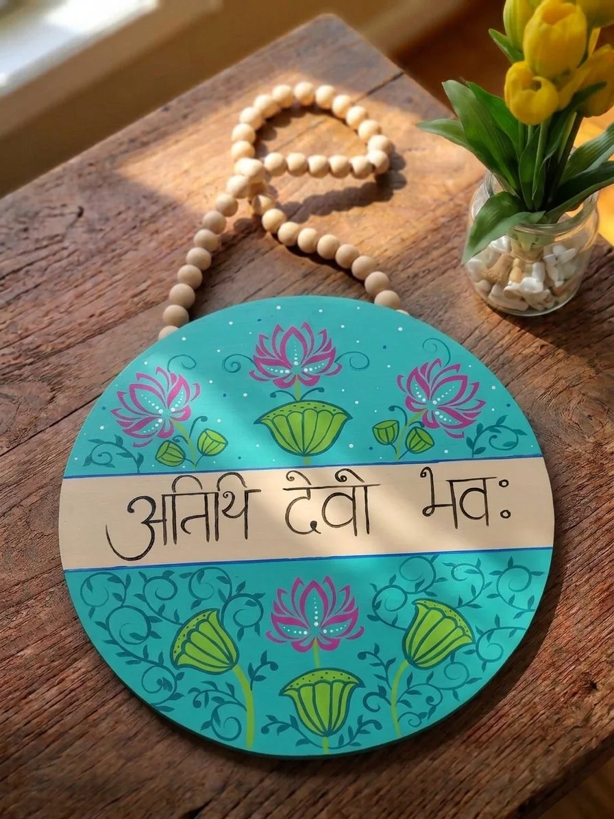 Atithi Devo Bhava Lotus Sign, 15" Hand-Painted Wooden Door Hanger (Teal)