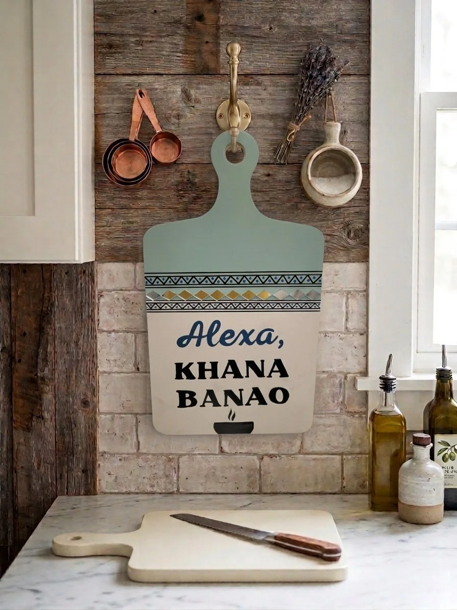 Alexa Khana Banao Cutting Board Sign, Hand-Painted Wooden Kitchen Wall Art (Sage Green)