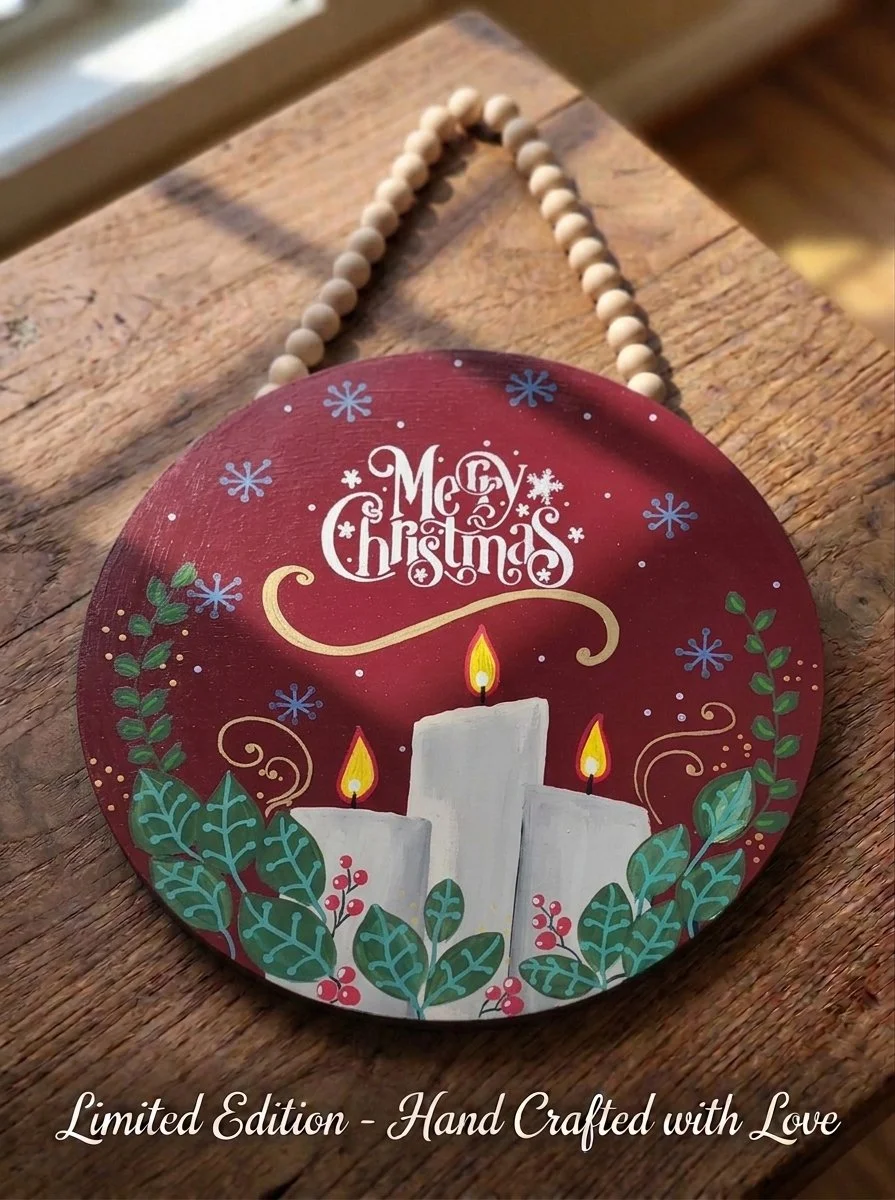 Merry Christmas Candle Sign, 15" Hand-Painted Wooden Door Hanger (Burgundy)