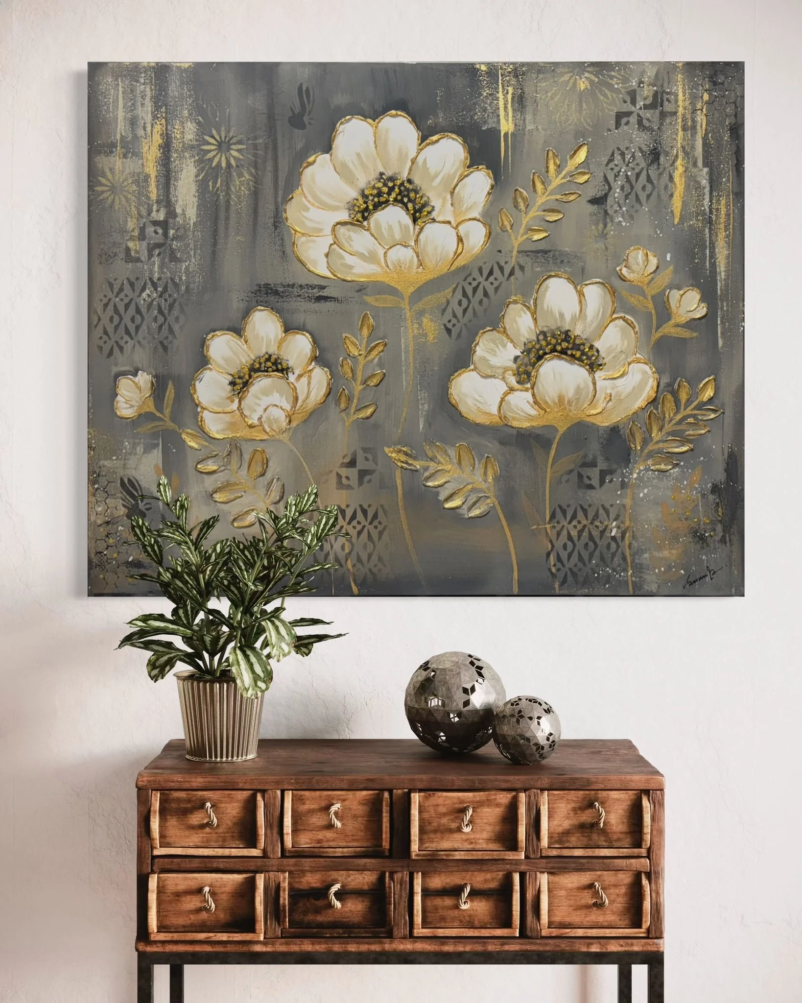 Golden Whisper: A Gray and White Floral Elegance