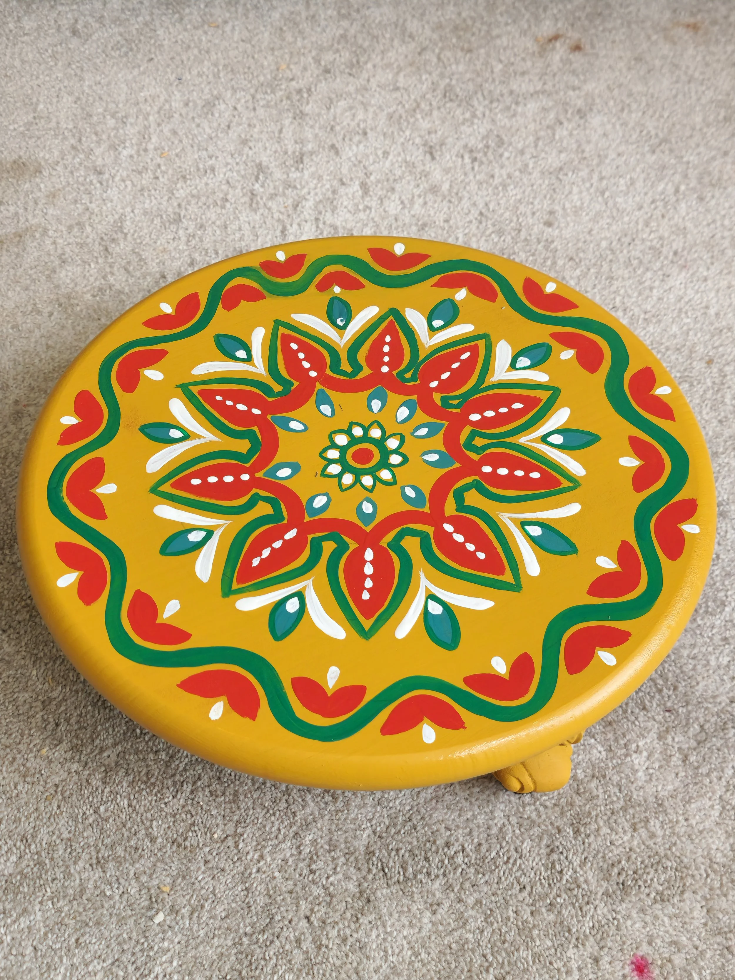 16" Handpainted Sunshine Mandala Stool, Pooja Room Stool