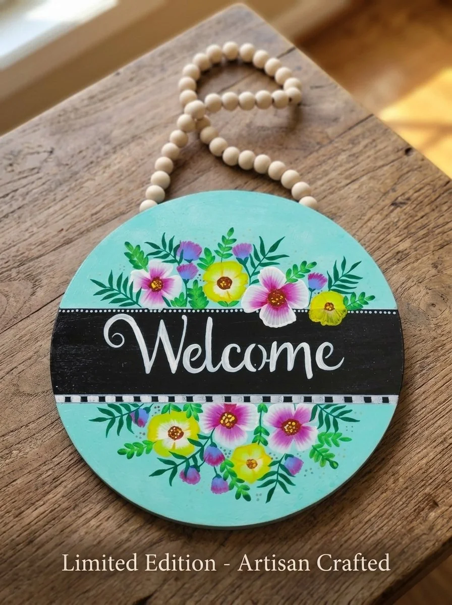 Welcome Floral Wreath Sign (Turquoise & Black).jpg