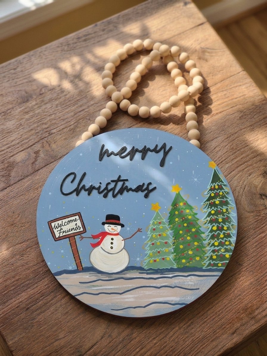 Merry Christmas Snowman Scene Sign, 15" Hand-Painted Wooden Door Hanger (Blue)