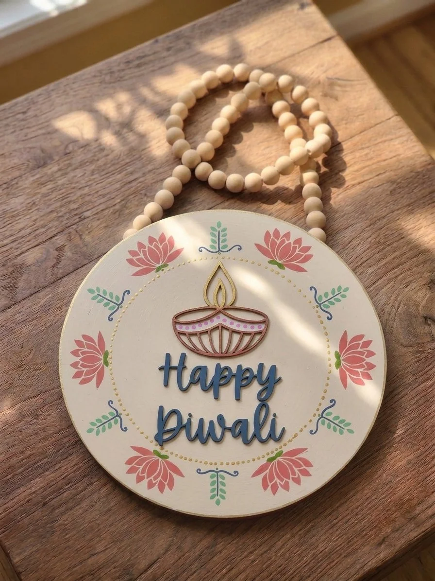 Happy Diwali Lotus Diya Sign, 15" Hand-Painted Wooden Door Hanger (Cream)