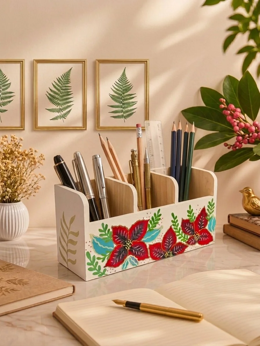 Scarlet Poinsettia Pen & Pencil Organizer, Hand-Painted Wood Desk Caddy