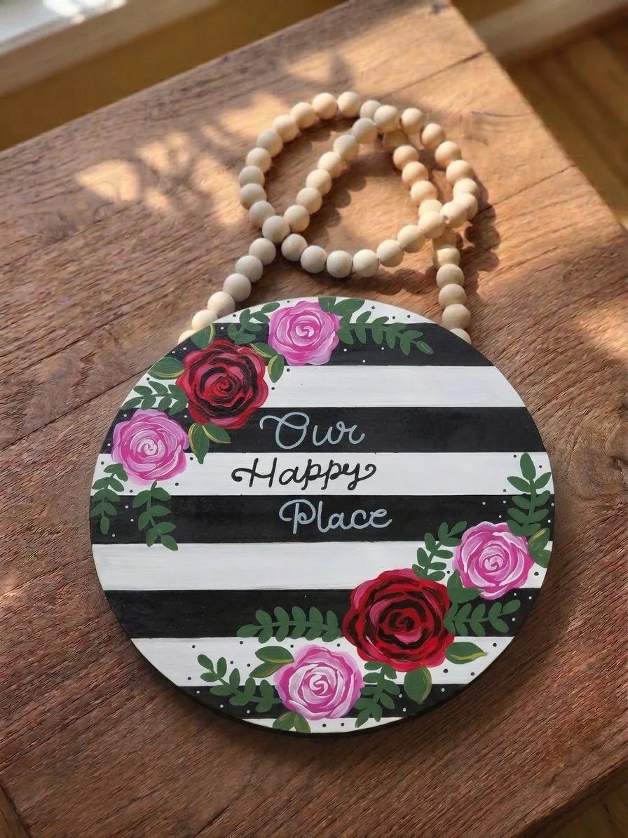 Our Happy Place Rose Stripe Sign, 15" Hand-Painted Wooden Door Hanger (Black & White)