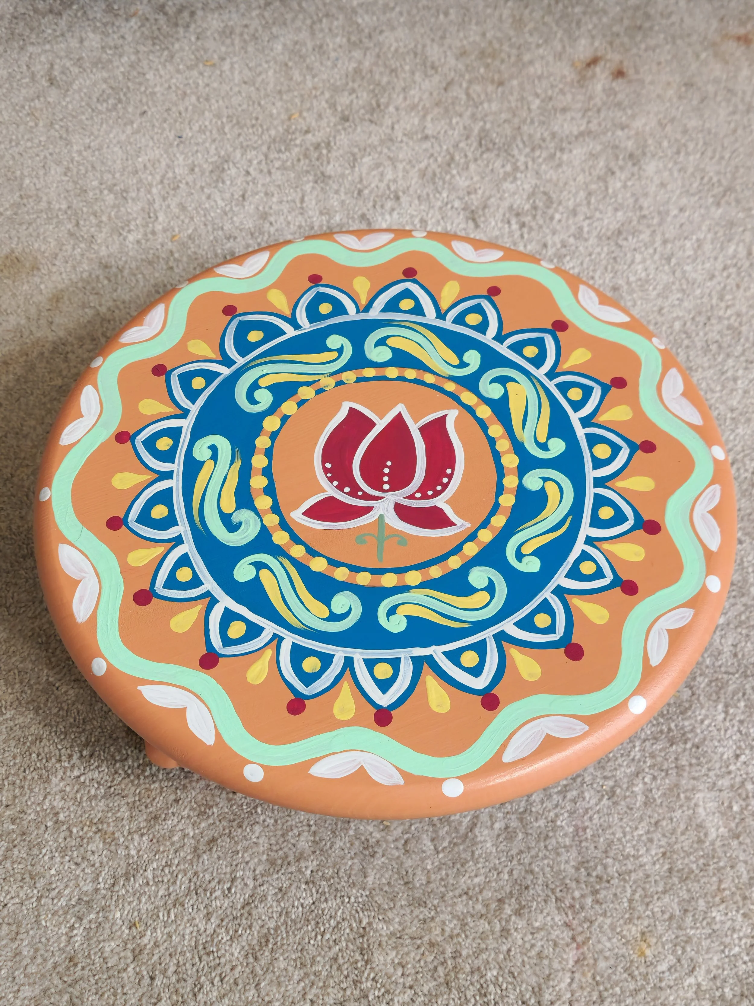 16" Handpainted Folk Bloom Stool, Pooja Room Stool