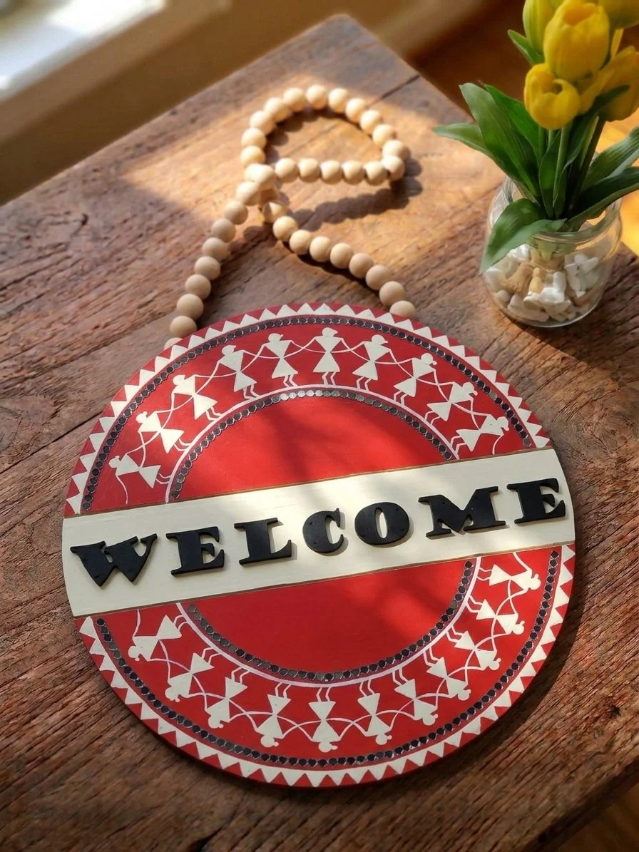 Warli Art Welcome Sign, 15" Hand-Painted Wooden Door Hanger (Red & Cream)