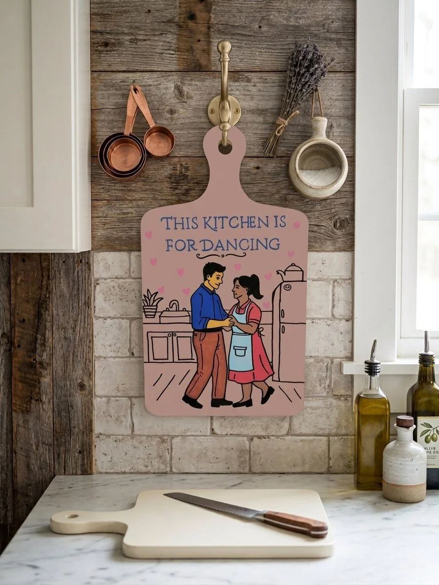 This Kitchen Is For Dancing Cutting Board Sign, Hand-Painted Wooden Kitchen Wall Art (Pink)