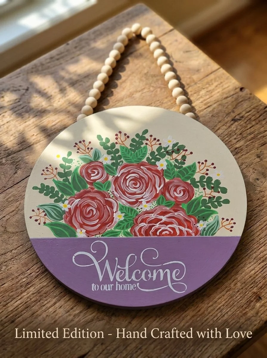 Welcome to Our Home Red Rose Sign, 15" Hand-Painted Wooden Door Hanger (Cream & Purple)