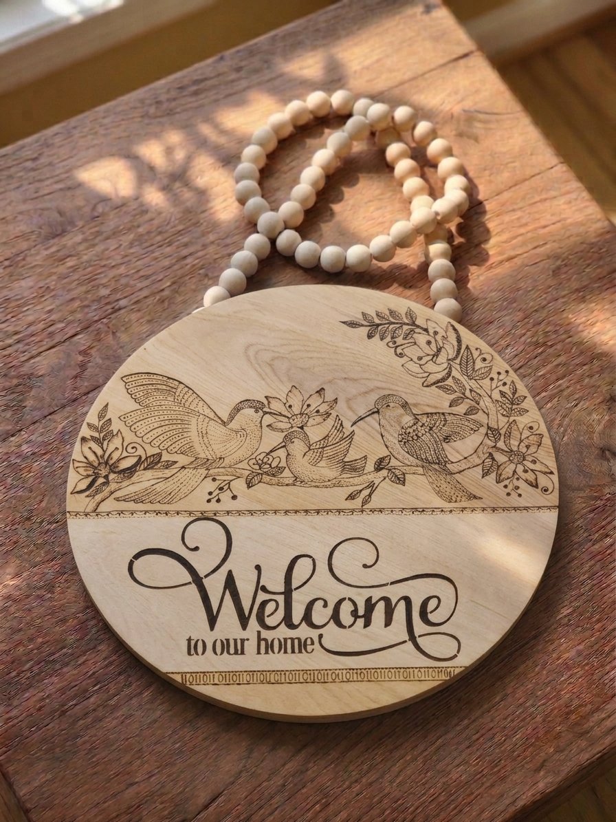 Engraved Songbird Welcome Sign, Wooden Door Hanger (Natural Wood)