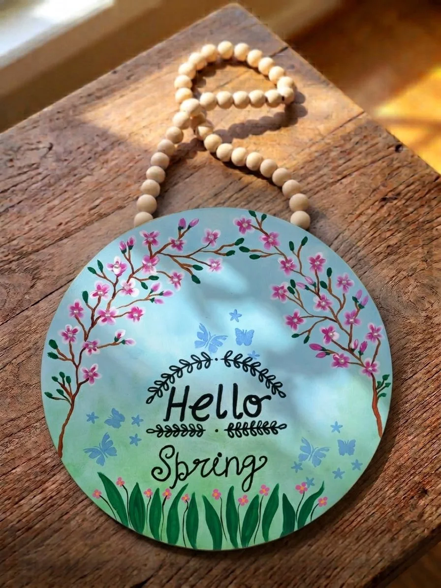 Hello Spring Cherry Blossom Sign, 15" Hand-Painted Wooden Door Hanger (Sky Blue)