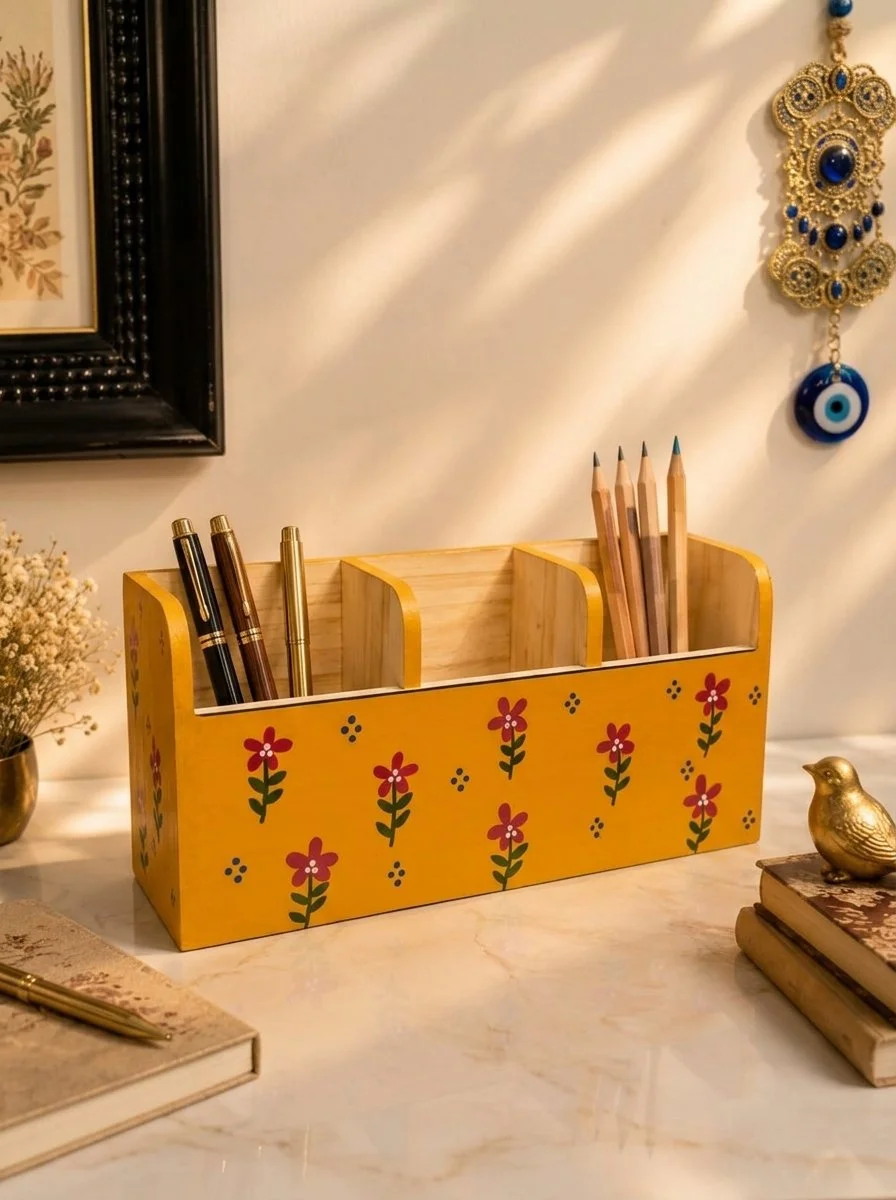 Golden Wildflower Pen & Pencil Organizer, Hand-Painted Wood Desk Caddy
