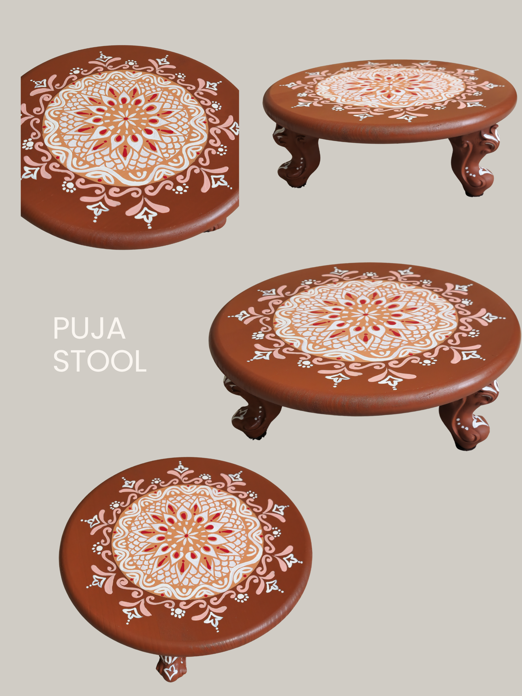 16" Handpainted Earthy Elegance Stool, Pooja Room Stool