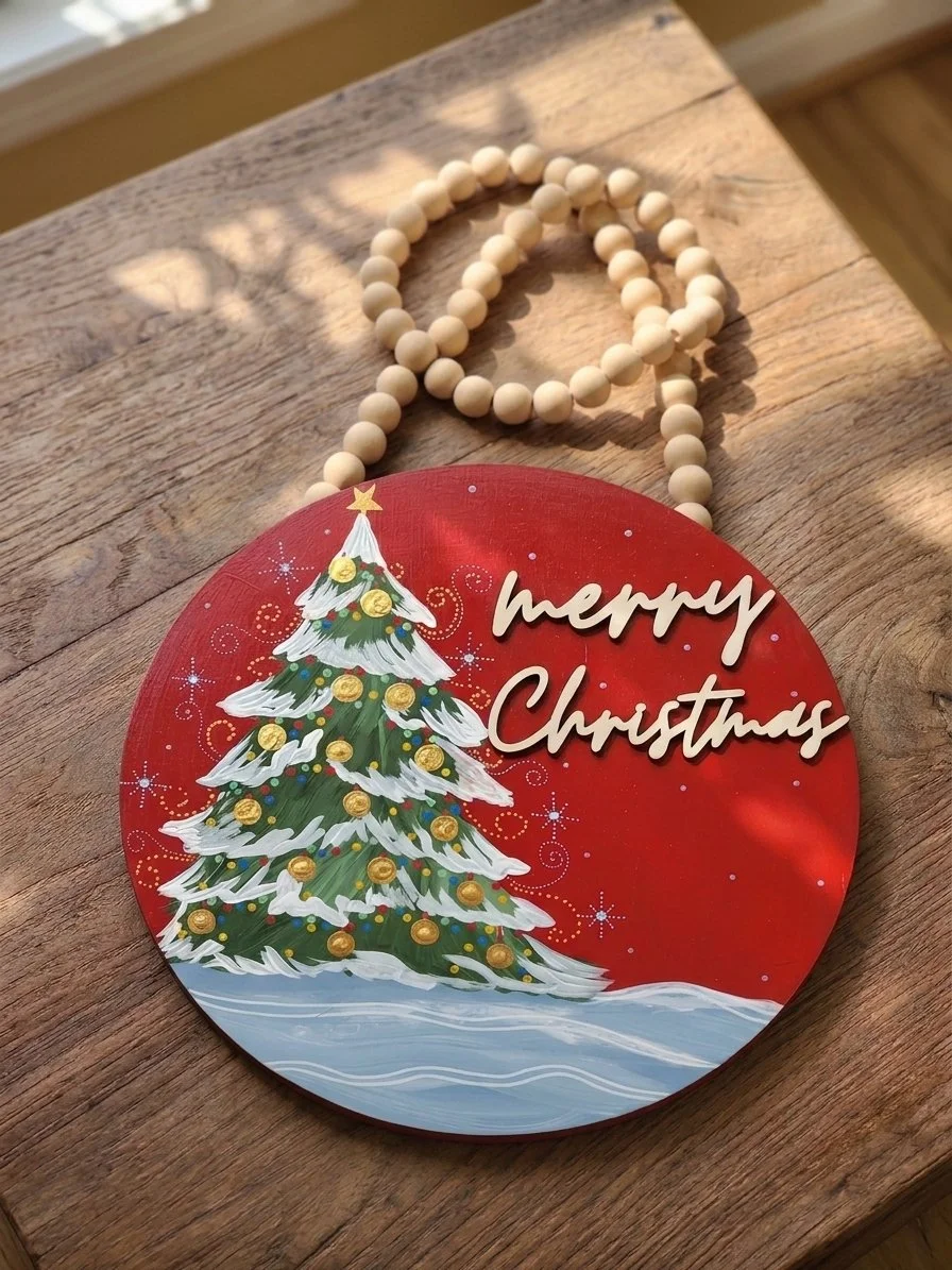 Merry Christmas Tree Sign, 15" Hand-Painted Wooden Door Hanger (Red & Gold)