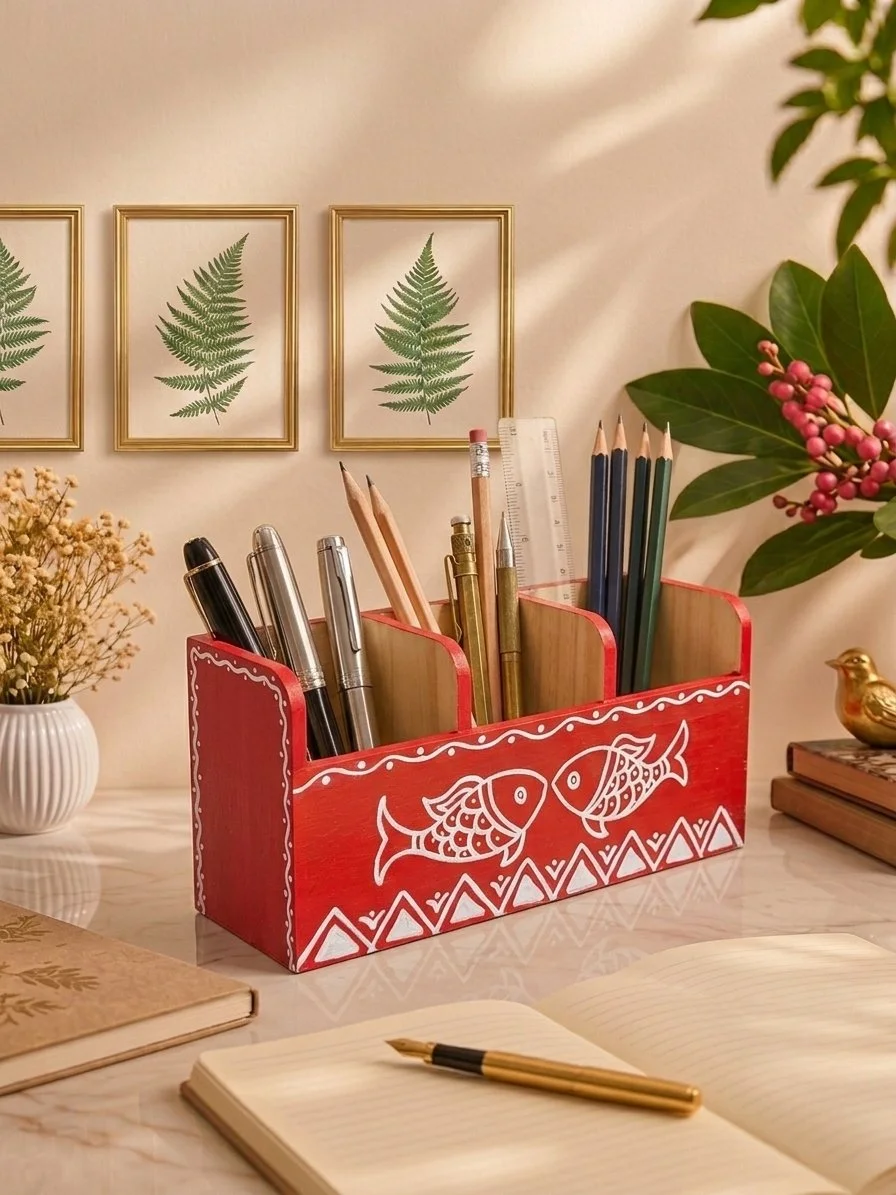 Cherry Twin Fish Pen & Pencil Organizer, Hand-Painted Wood Desk Caddy