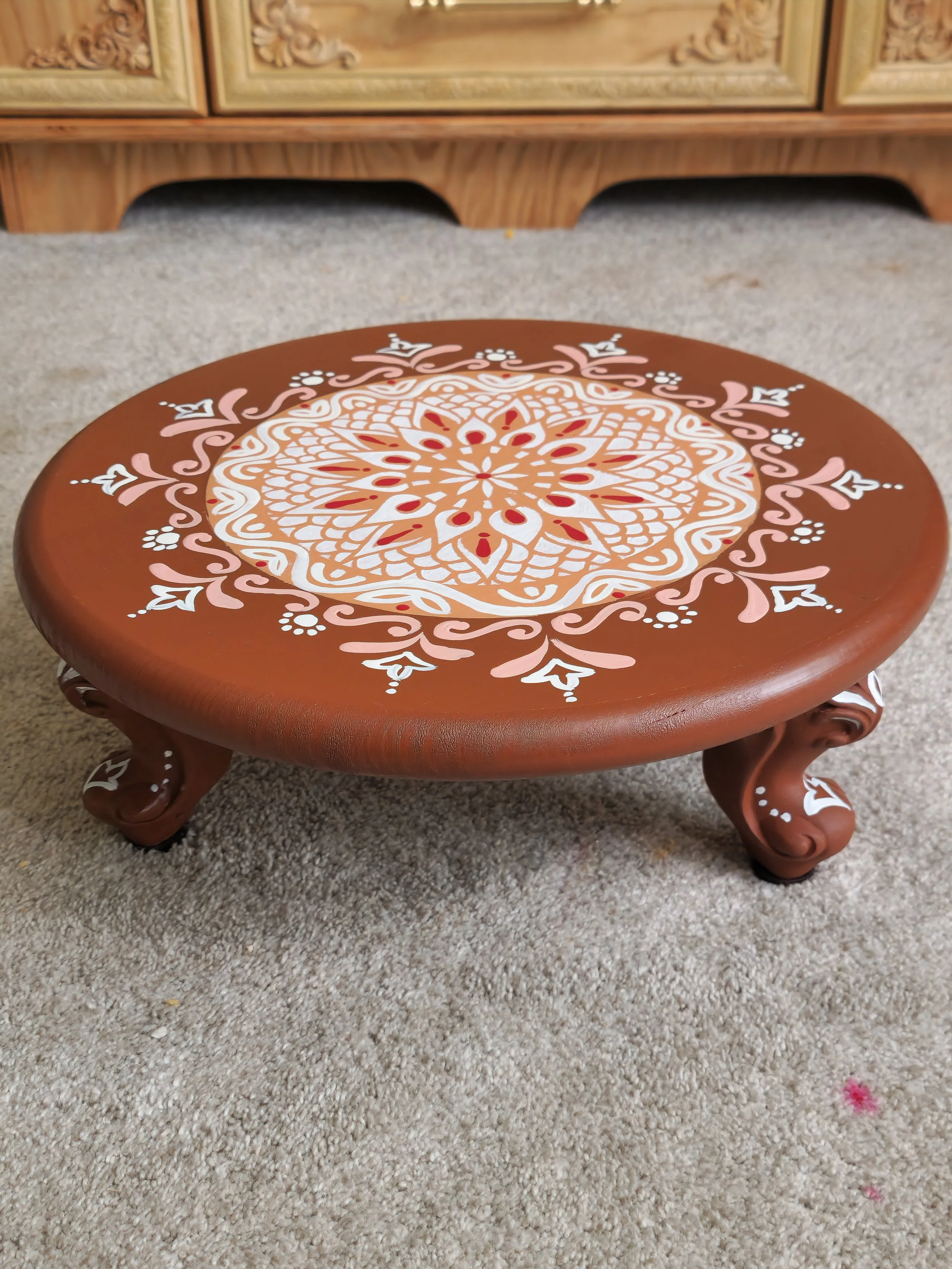 16" Handpainted Earthy Elegance Stool, Pooja Room Stool