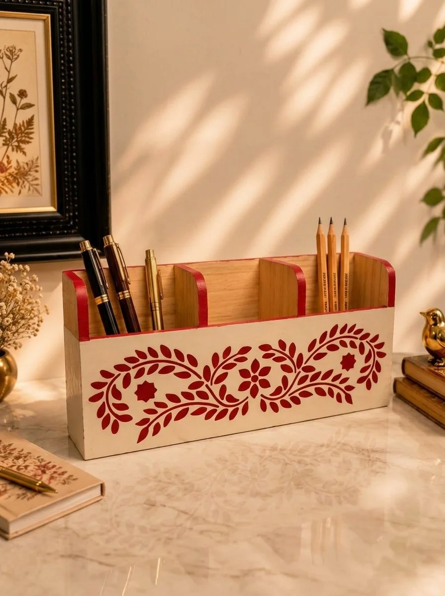 Ivory Vine Pen & Pencil Organizer, Hand-Painted Wood Desk Caddy
