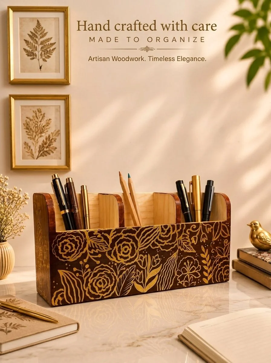 Espresso Gold Bloom Pen & Pencil Organizer, Hand-Painted Wood Desk Caddy