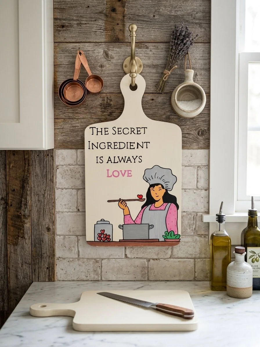 The Secret Ingredient Is Always Love Cutting Board Sign, Hand-Painted Wooden Kitchen Wall Art (Cream)