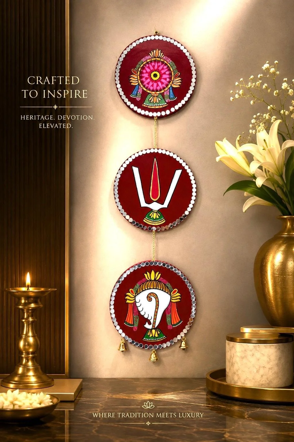 Vaishnav Tilak & Shankh Hanging Medallion Set, 3-Tier Mirror Work Wall Art (Maroon & Gold)