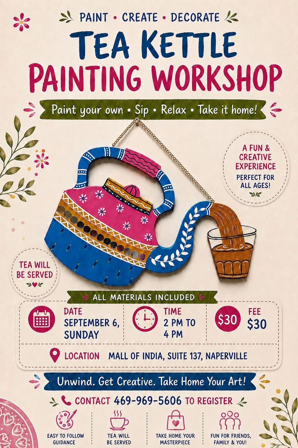 Tea Kettle Painting Workshop, Naperville, September 6 (2 PM to 4 PM)