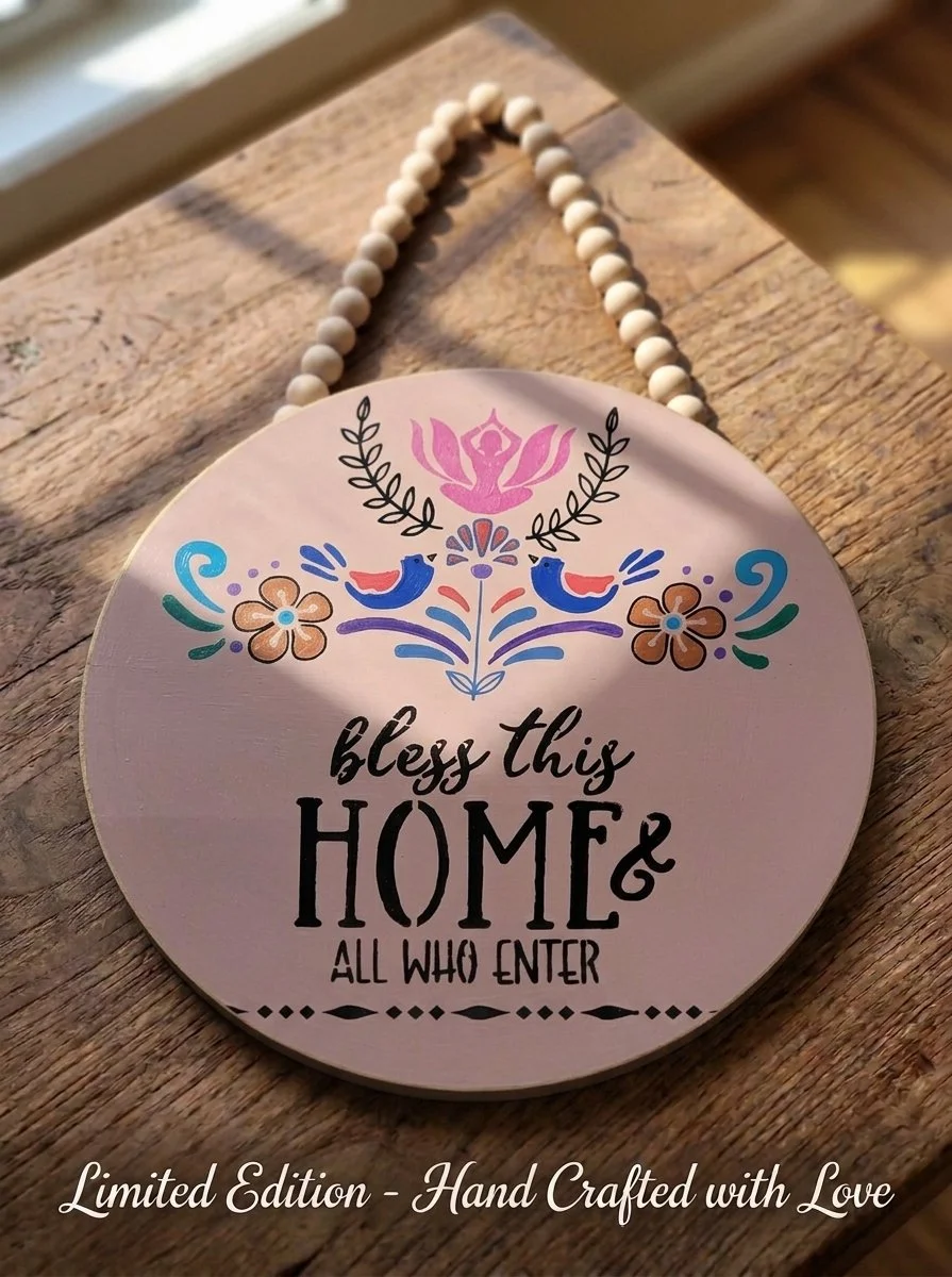 Bless This Home Folk Art Sign, 15" Hand-Painted Wooden Door Hanger (Blush Pink)