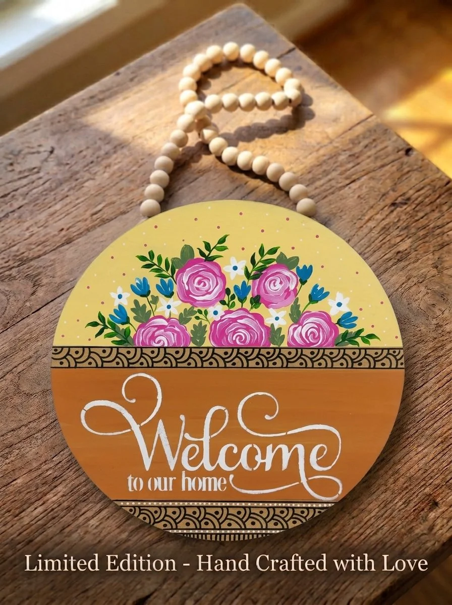 Welcome to Our Home Pink Rose Sign, 15" Hand-Painted Wooden Door Hanger (Yellow)