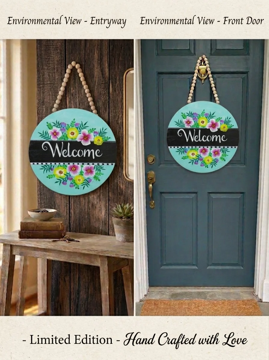 Welcome Floral Wreath Sign (Turquoise & Black)2.jpg