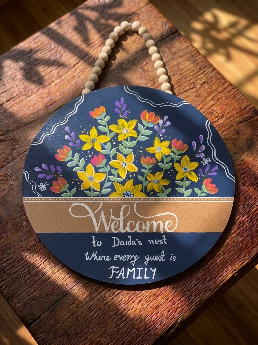 Custom Family Welcome Wildflower Sign, 15" Hand-Painted Wooden Door Hanger (Navy)