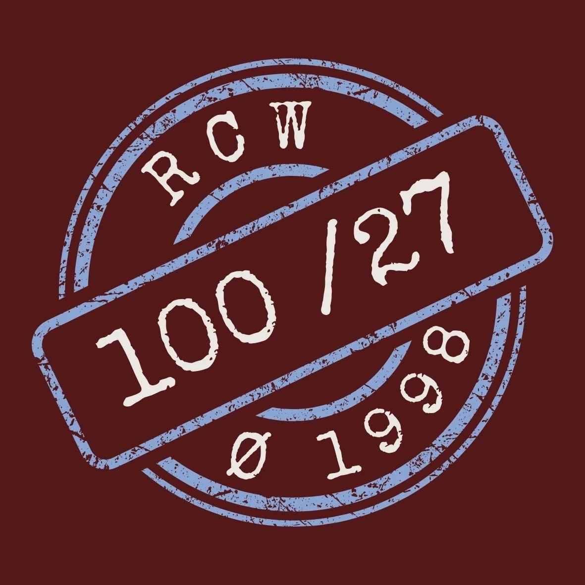 A circular rubber stamp with the text 'RCW' at the top and a 0 with a slash, then '1998' at the bottom, with a rectangular overlay showing '100 / 27' in the center, on a dark brown background.