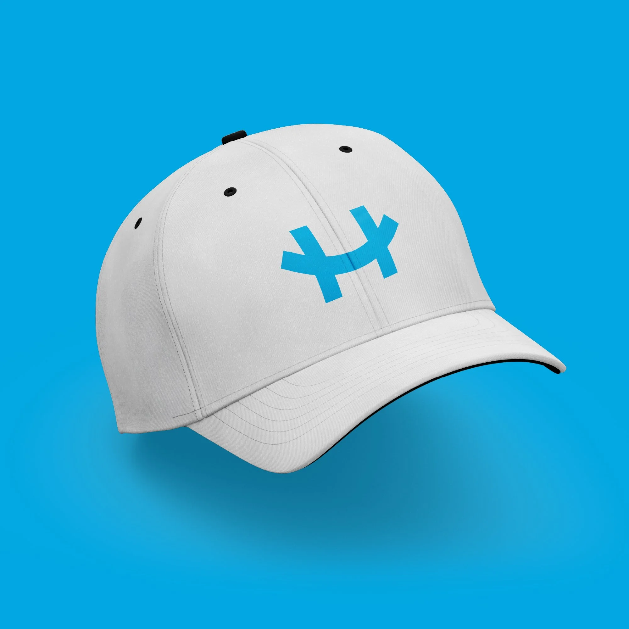 White Happy Helper Cleaning Co. baseball cap featuring the company's blue monogram logo.