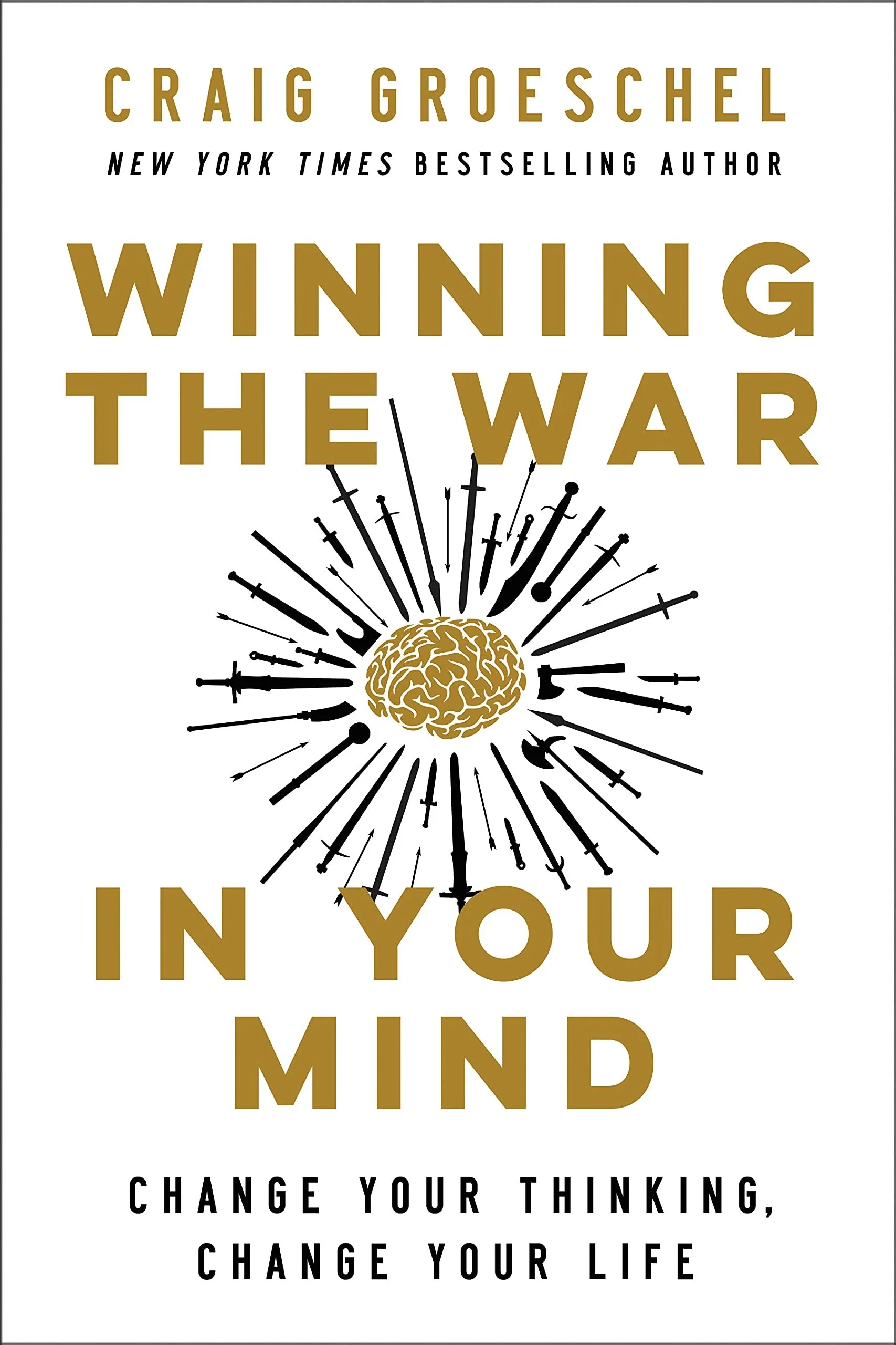 Book cover titled "Winning the War in Your Mind" by Craig Groeschel, with a graphic of a brain surrounded by swords or weapons.
